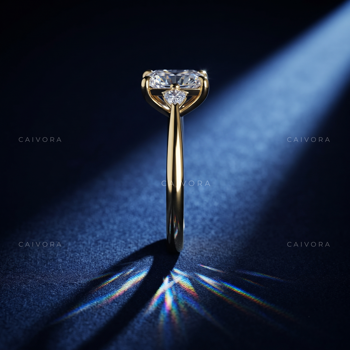 Elegant Three Stone Engagement Ring with Elongated Cushion Diamond & Kite Accents