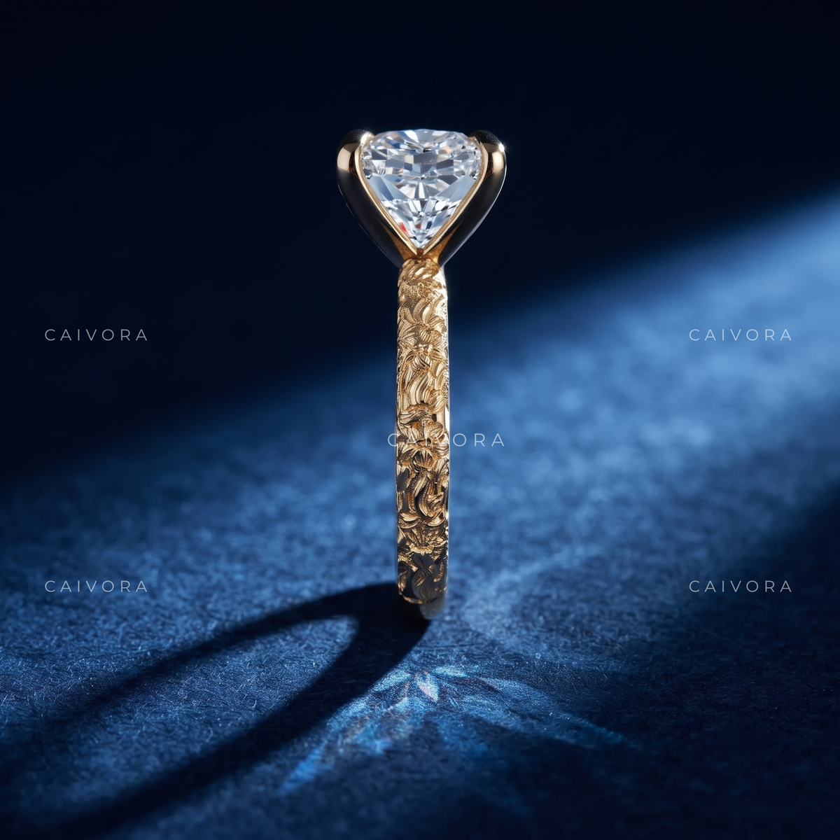 Cushion Cut Floral Motif Solitaire Engagement Ring