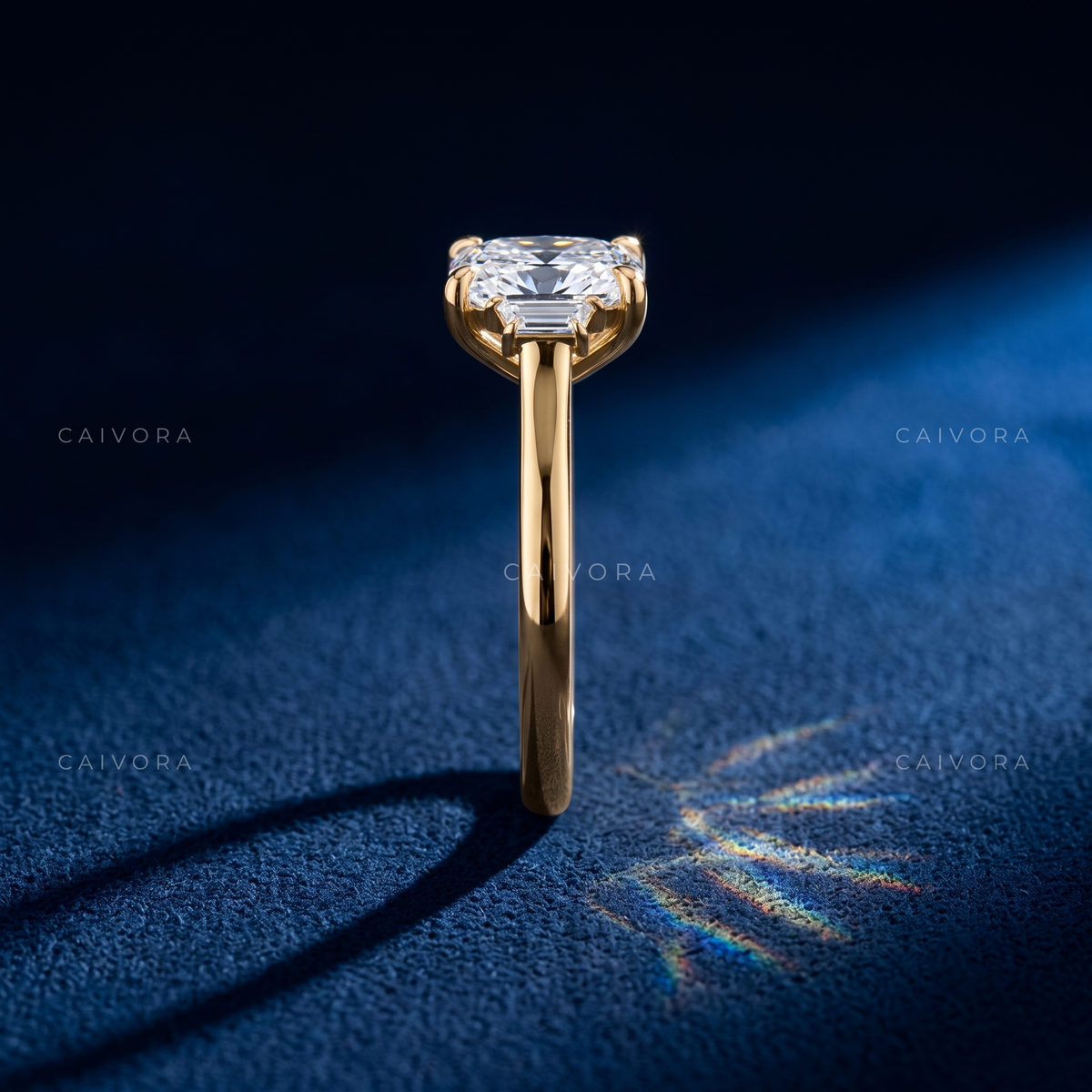 Elegant Three Stone Engagement Ring with Elongated Cushion Diamond & Trapezoid Accents