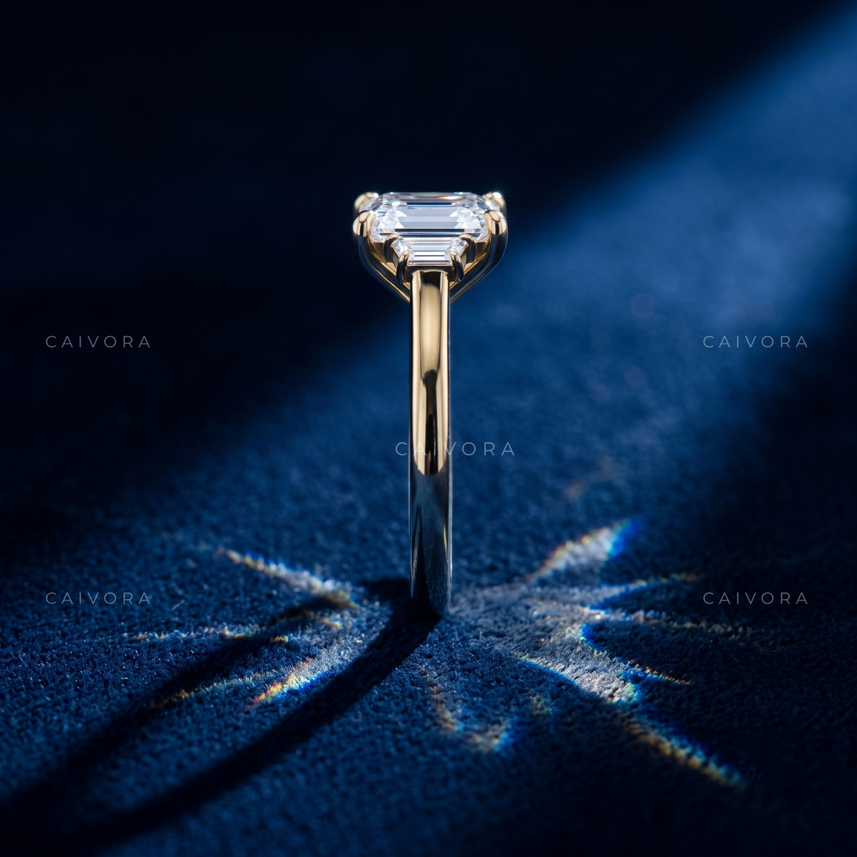 Modern Three Stone Engagement Ring with Princess Diamond & Trapezoid Accents