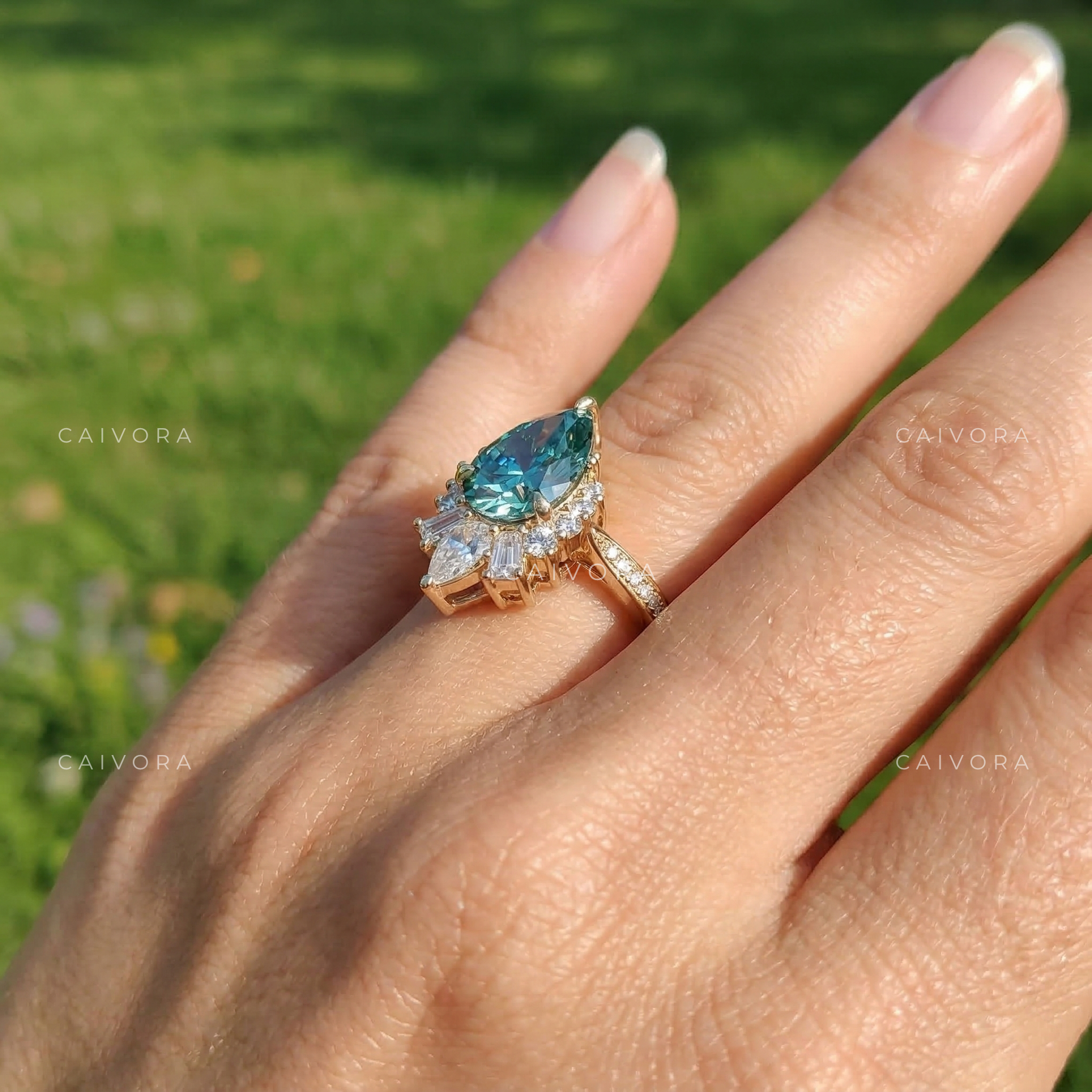 Vintage Green Pear Cut Diamond Engagement Ring