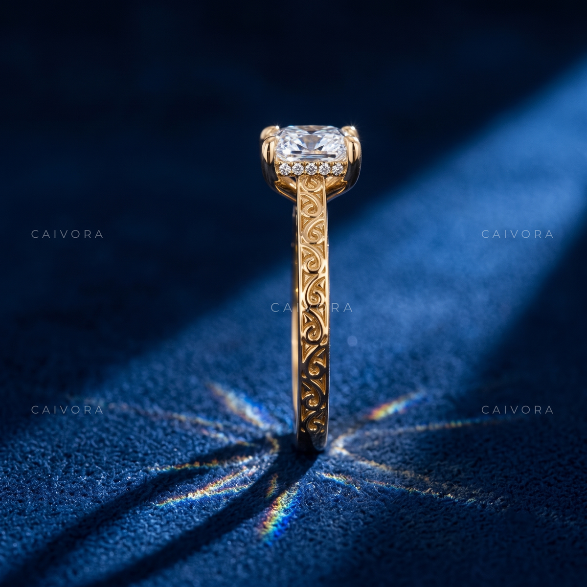 Cushion Cut Diamond Architectural Engagement Ring with Round Accents