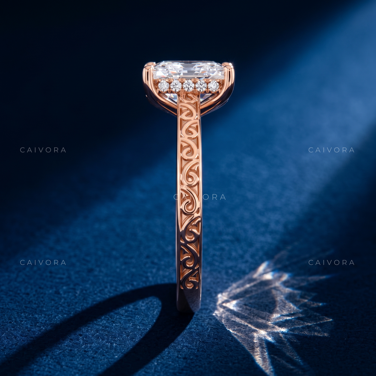 Elongated Cushion Diamond Architectural Engagement Ring