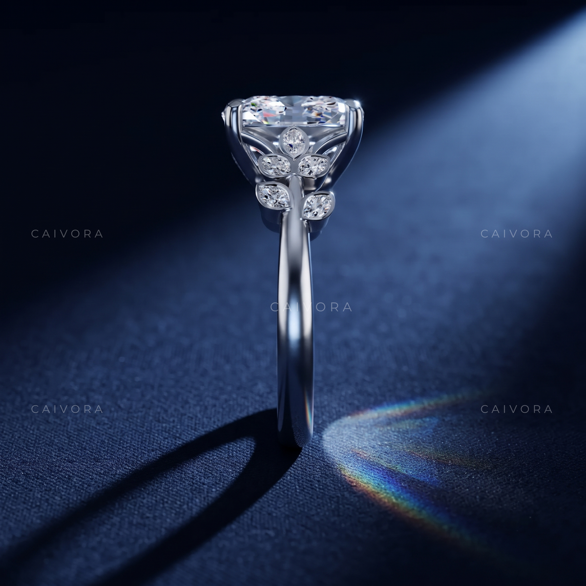 Cushion Cut Floral Engagement Ring with Marquise Accents