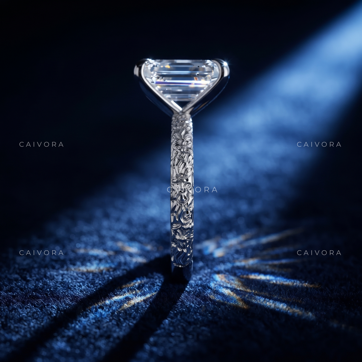 Emerald Cut Floral Engraved Solitaire Engagement Ring