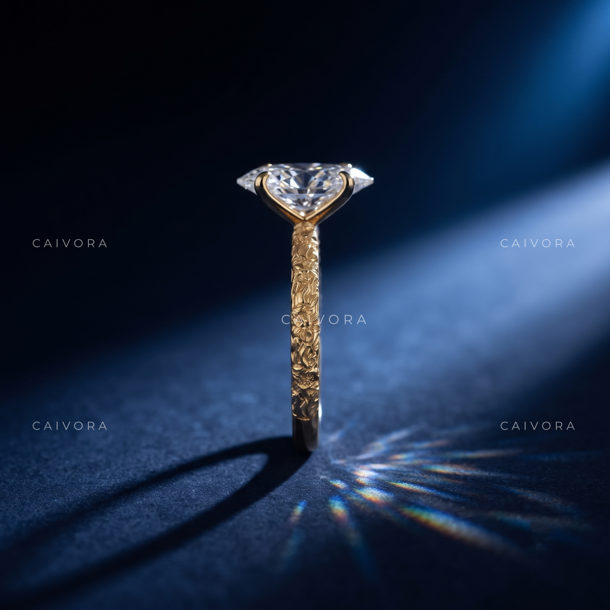 Moval Cut Artisanal Floral Solitaire Engagement Ring
