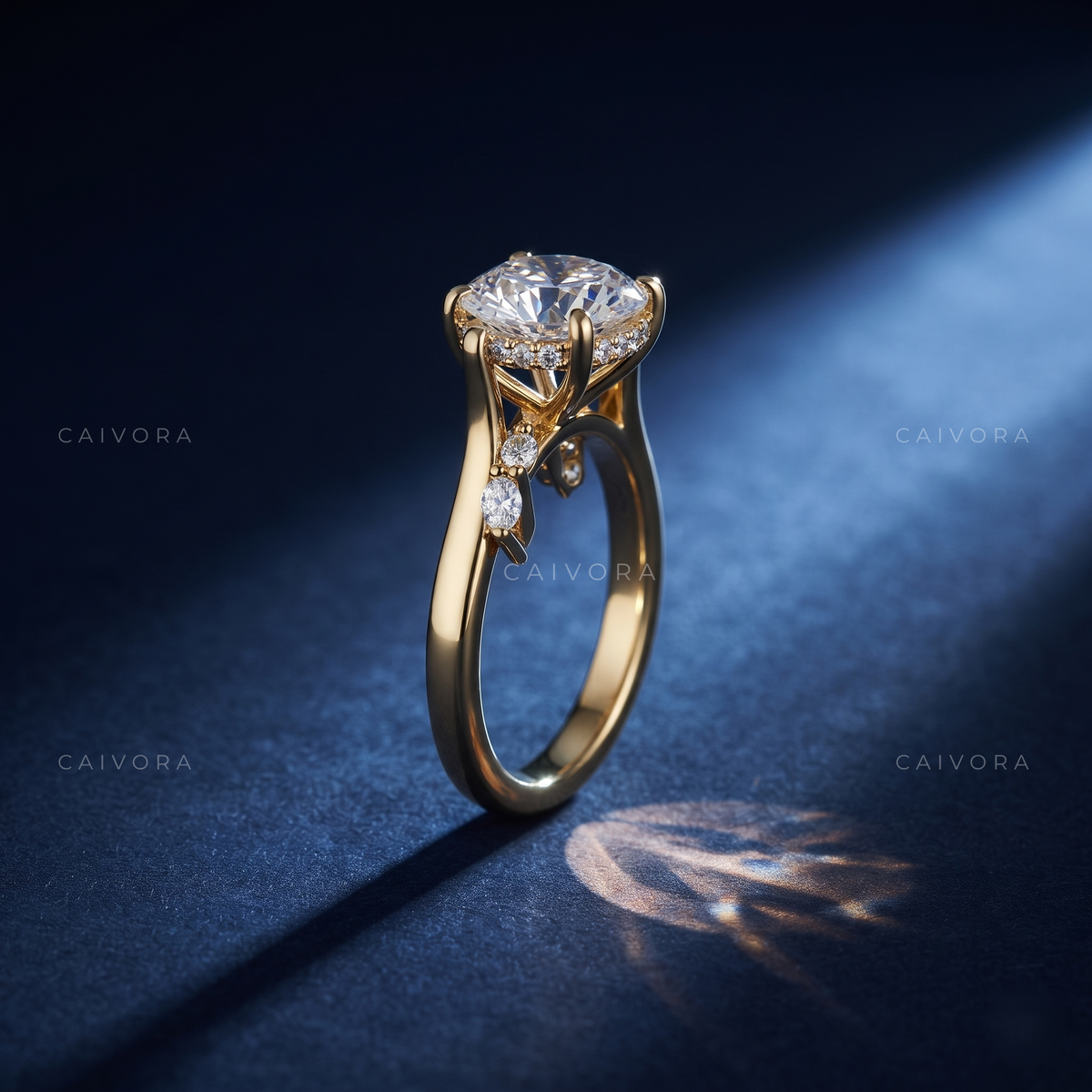 Round Cut Diamond Twist Engagement Ring with Hidden Halo