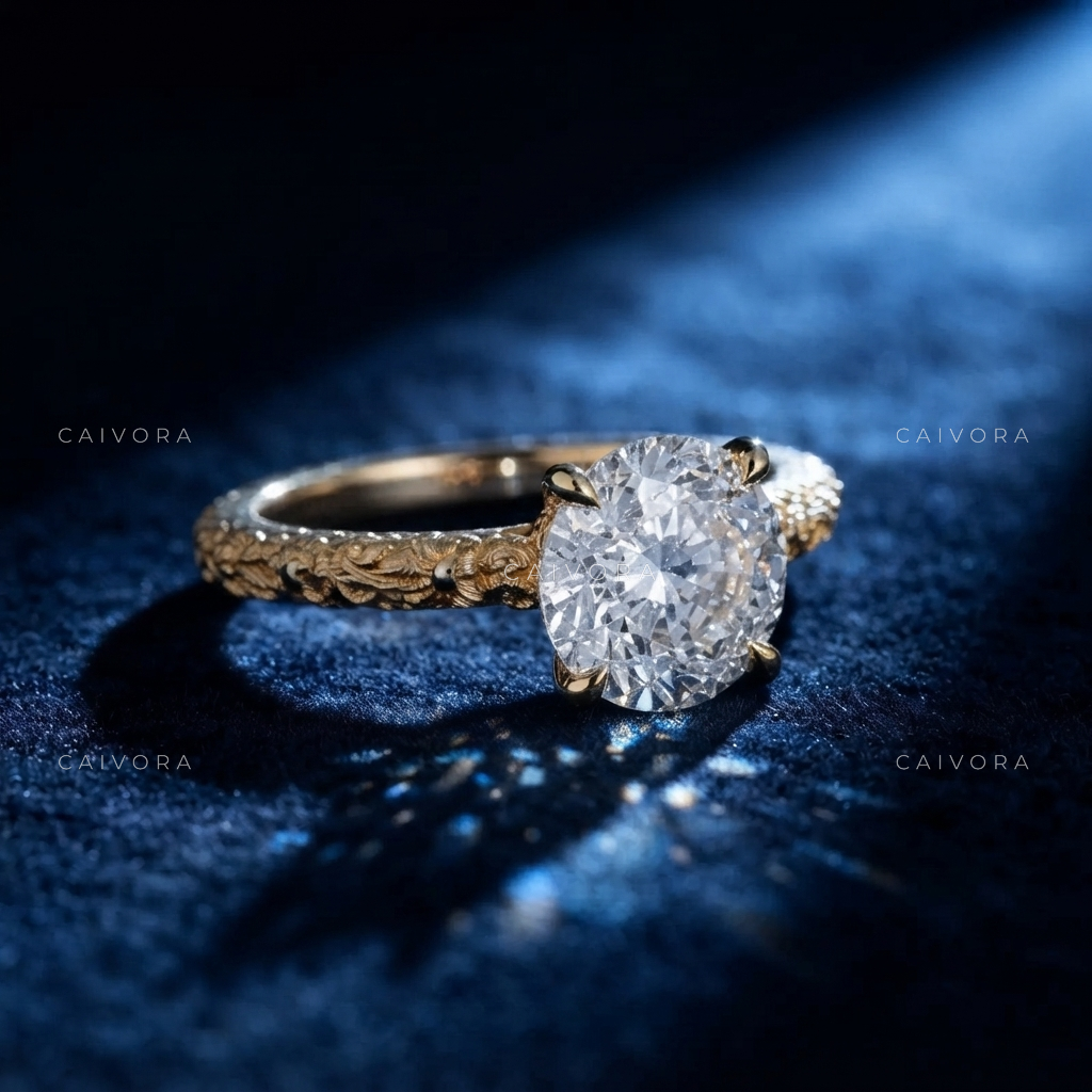 Portuguese Cut Vintage Engraved Solitaire Engagement Ring