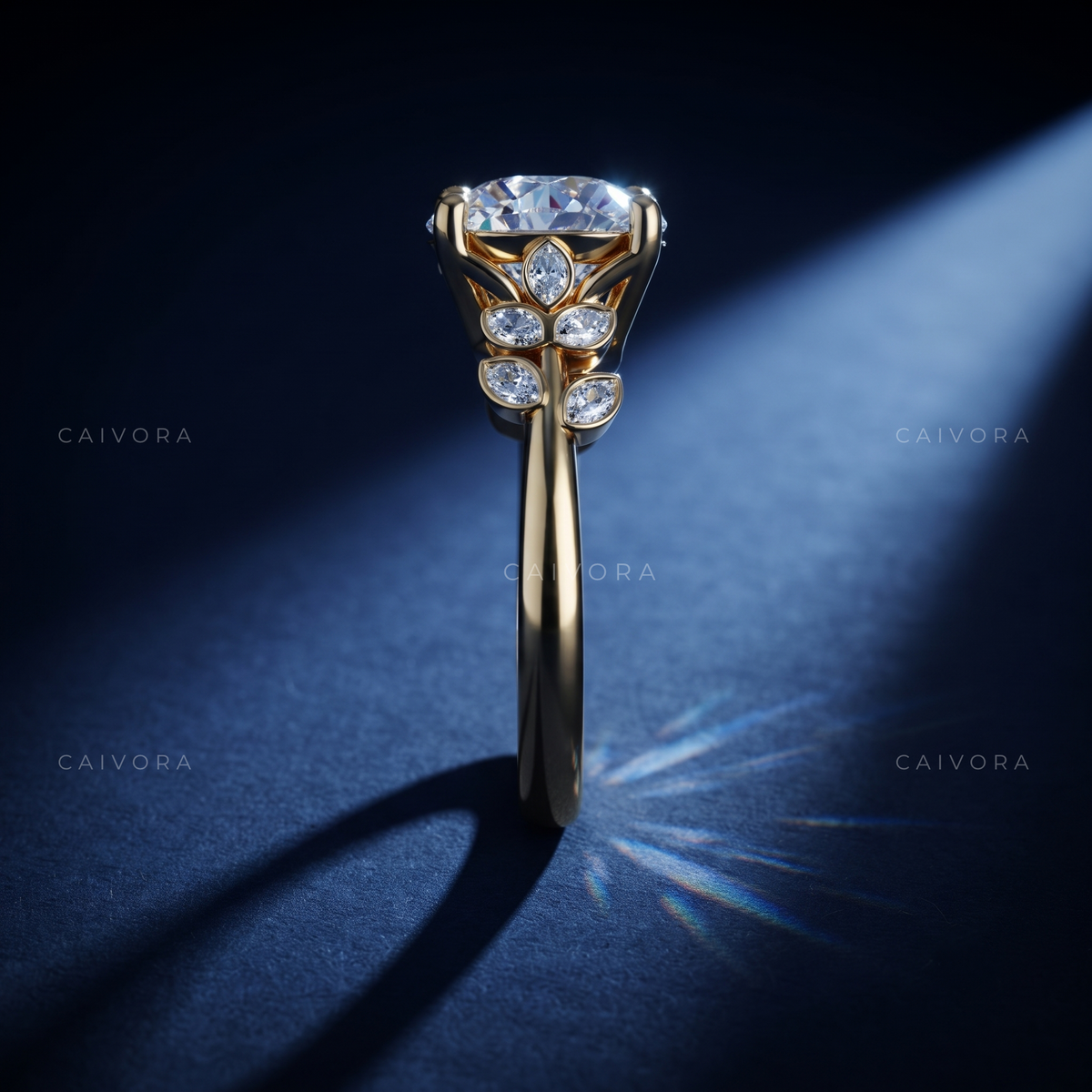 Round Diamond Floral Engagement Ring with Marquise Accents