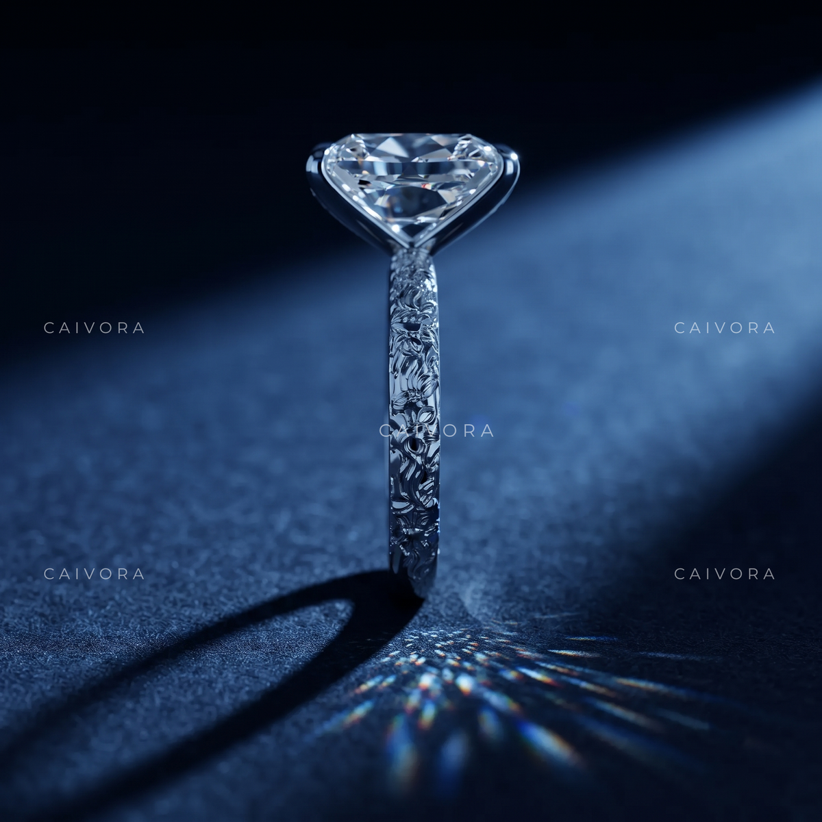 Elongated Cushion Cut Floral Solitaire Engagement Ring