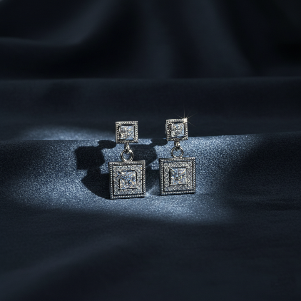Decadent Princess Cut Diamond Halo Drop Earrings