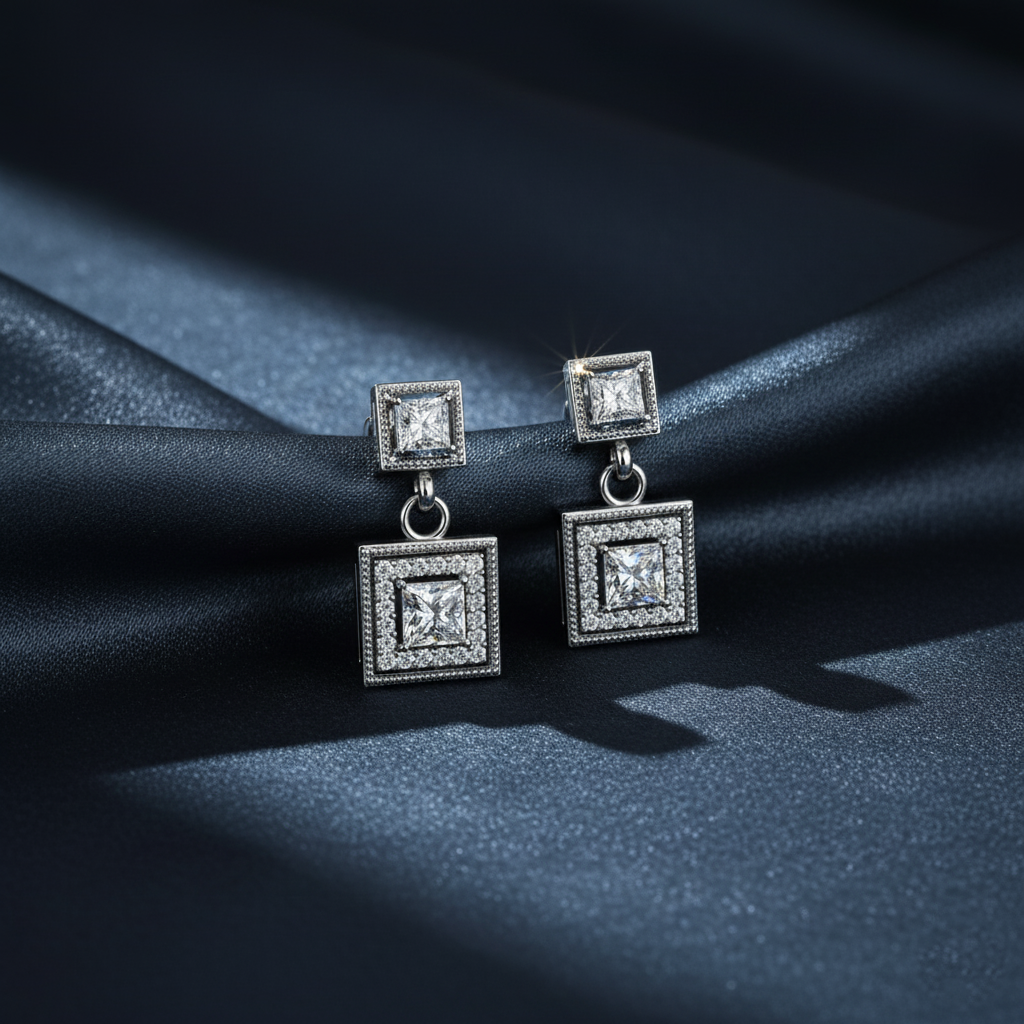 Decadent Princess Cut Diamond Halo Drop Earrings