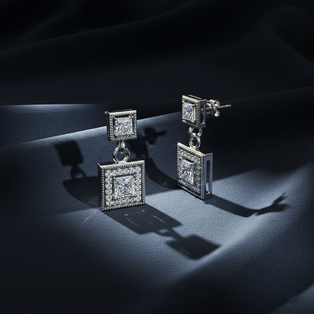 Decadent Princess Cut Diamond Halo Drop Earrings