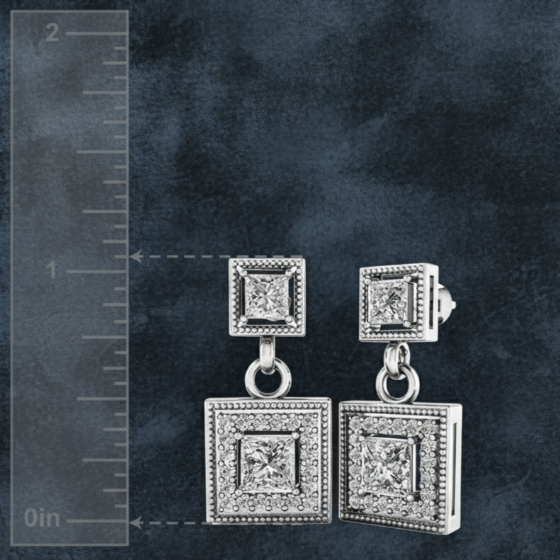 Decadent Princess Cut Diamond Halo Drop Earrings
