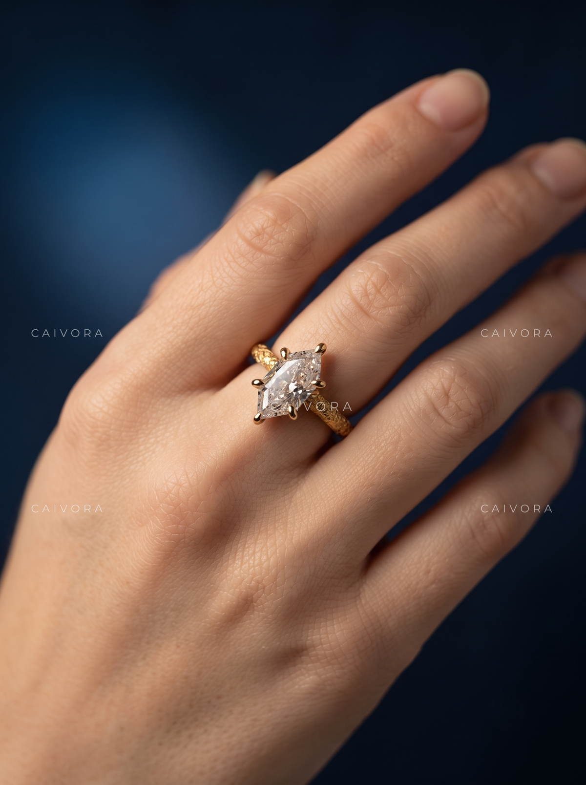 Hexagon Cut Floral Engraved Solitaire Engagement Ring