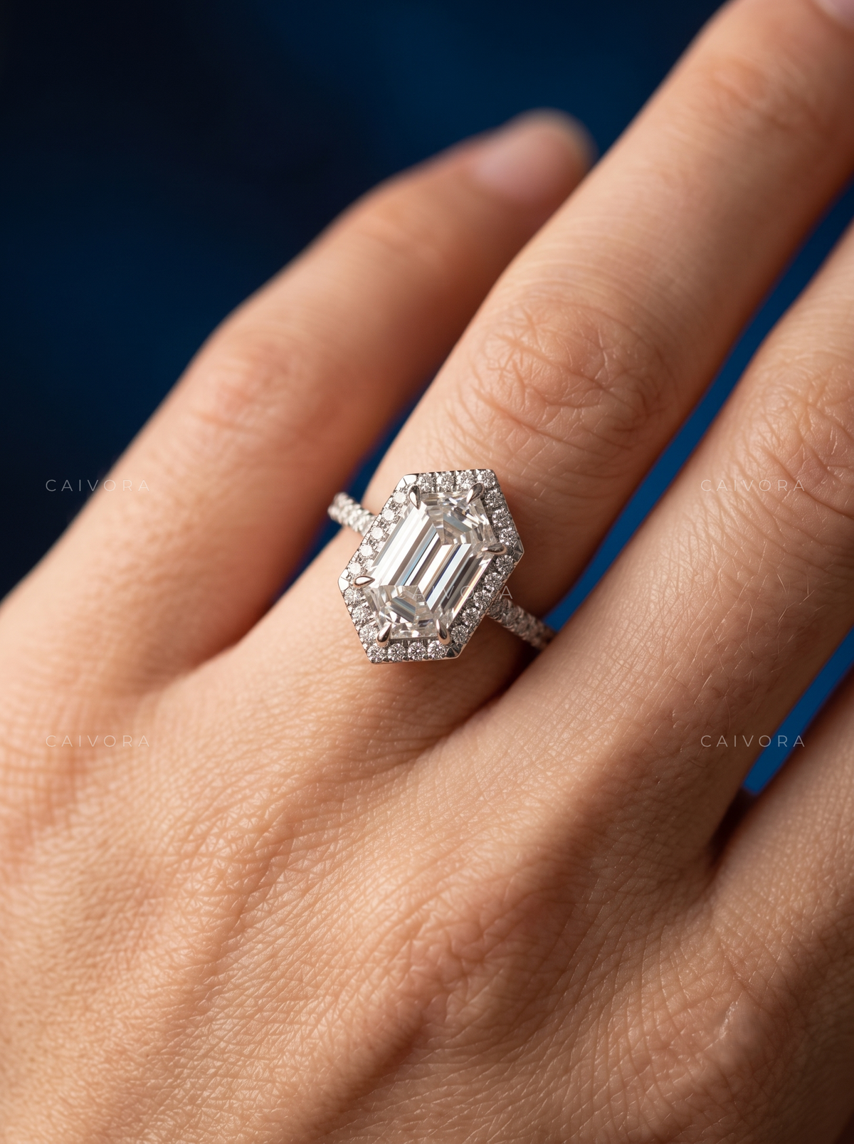 Modern Hexagon Diamond Halo Engagement Ring with Pavé Accents