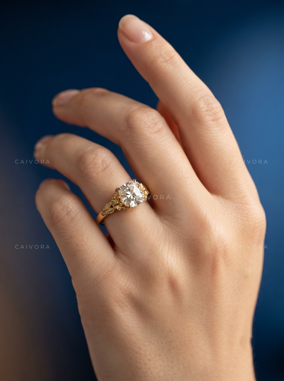 Amara Sculpted Diamond Ring Featuring a Cushion Cut Center