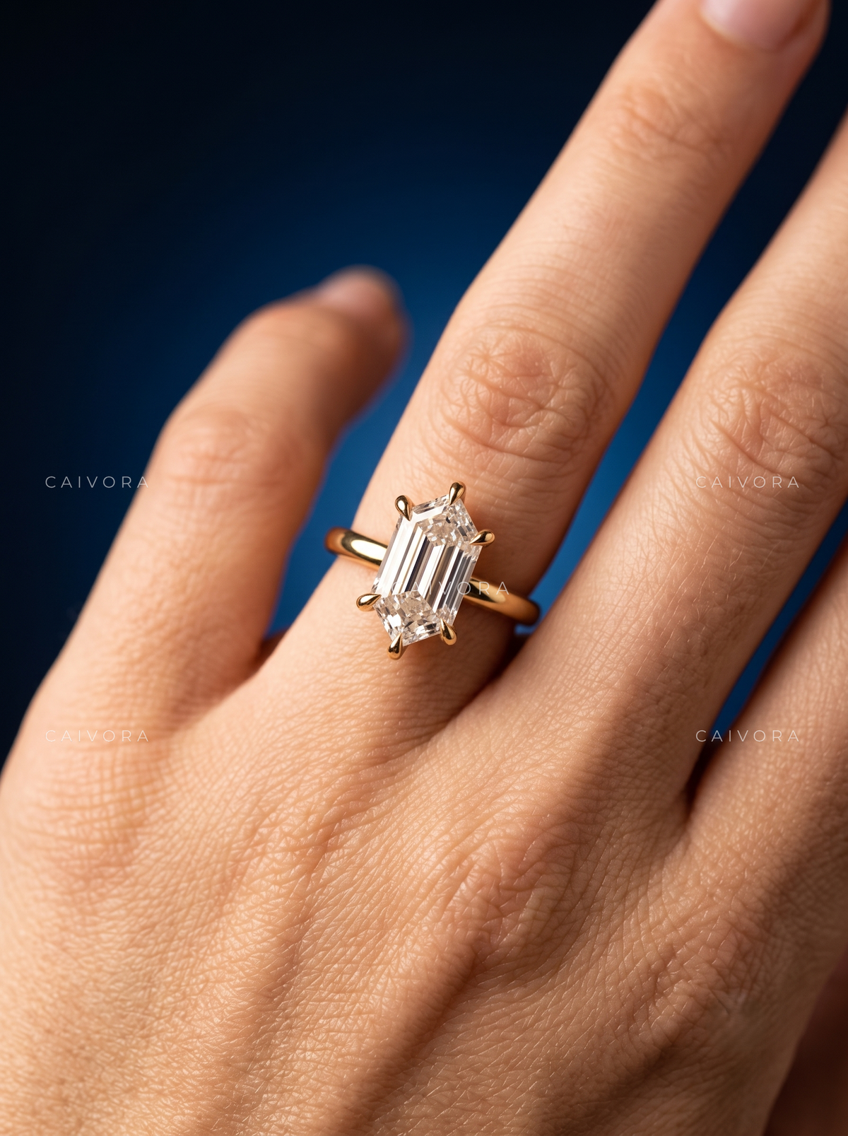 Elongated Step Cut Hexagon Four Prong Solitaire Engagement Ring