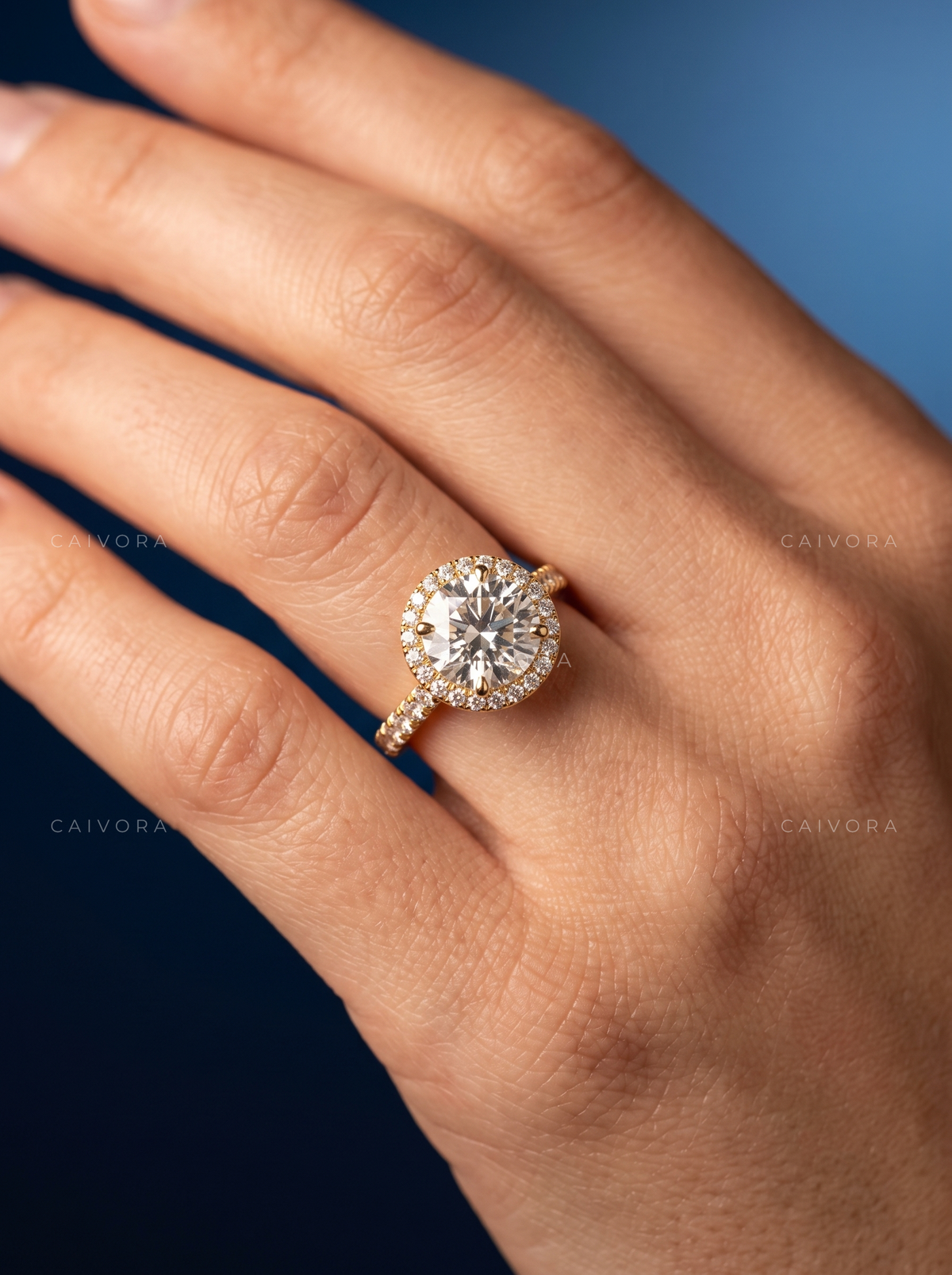 Classic Round Diamond Halo Engagement Ring with Pavé Accents