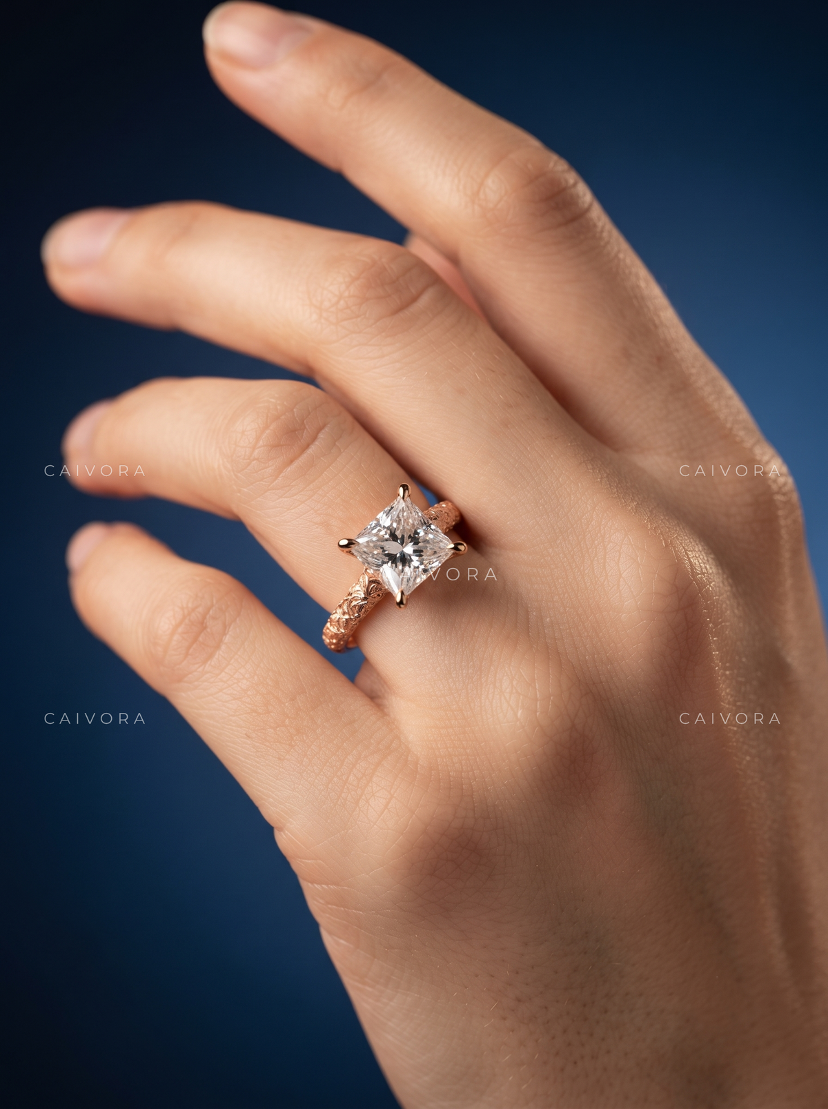 Princess Cut Floral Engraved Solitaire Engagement Ring