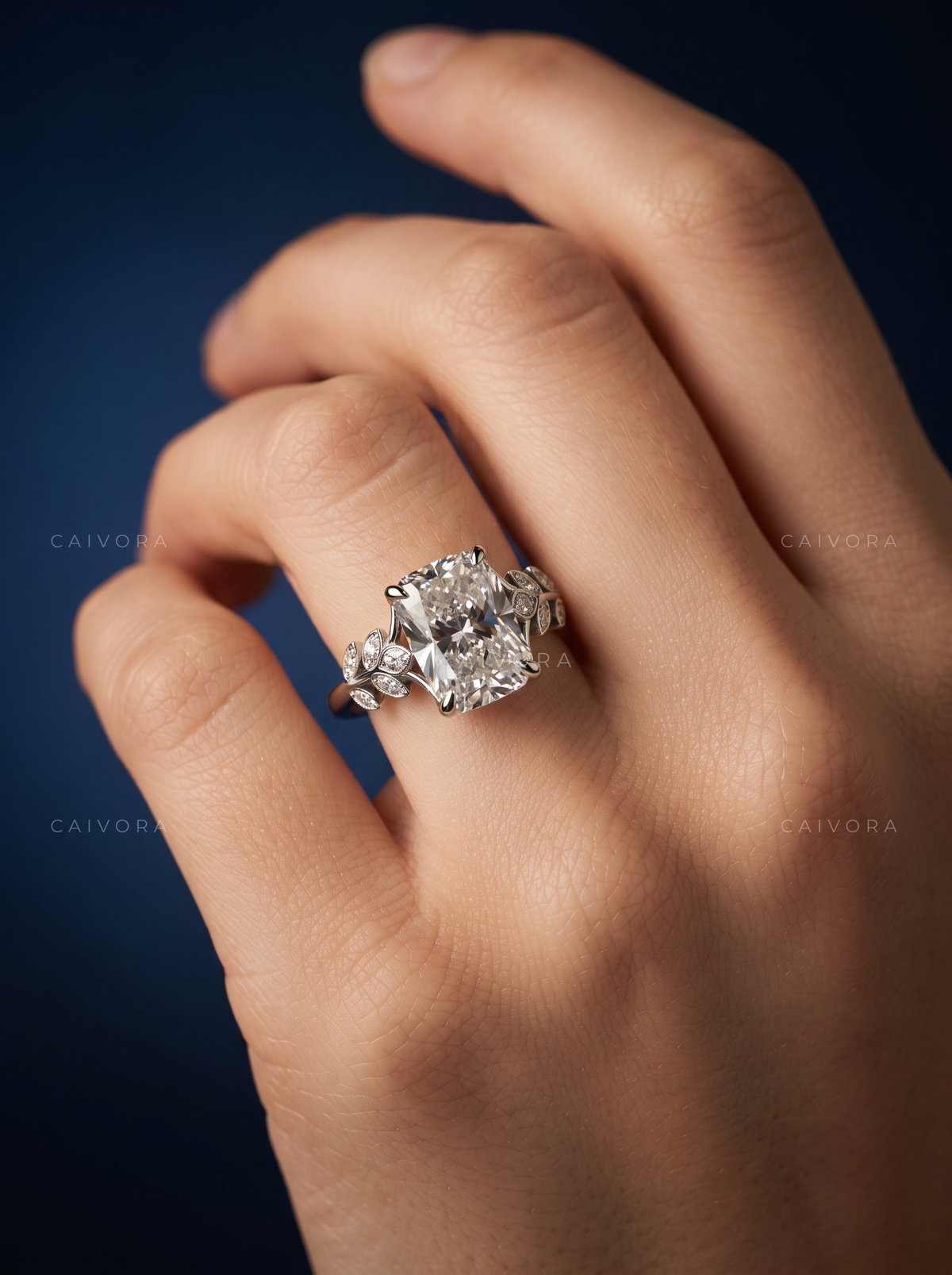 Cushion Cut Floral Engagement Ring with Marquise Accents