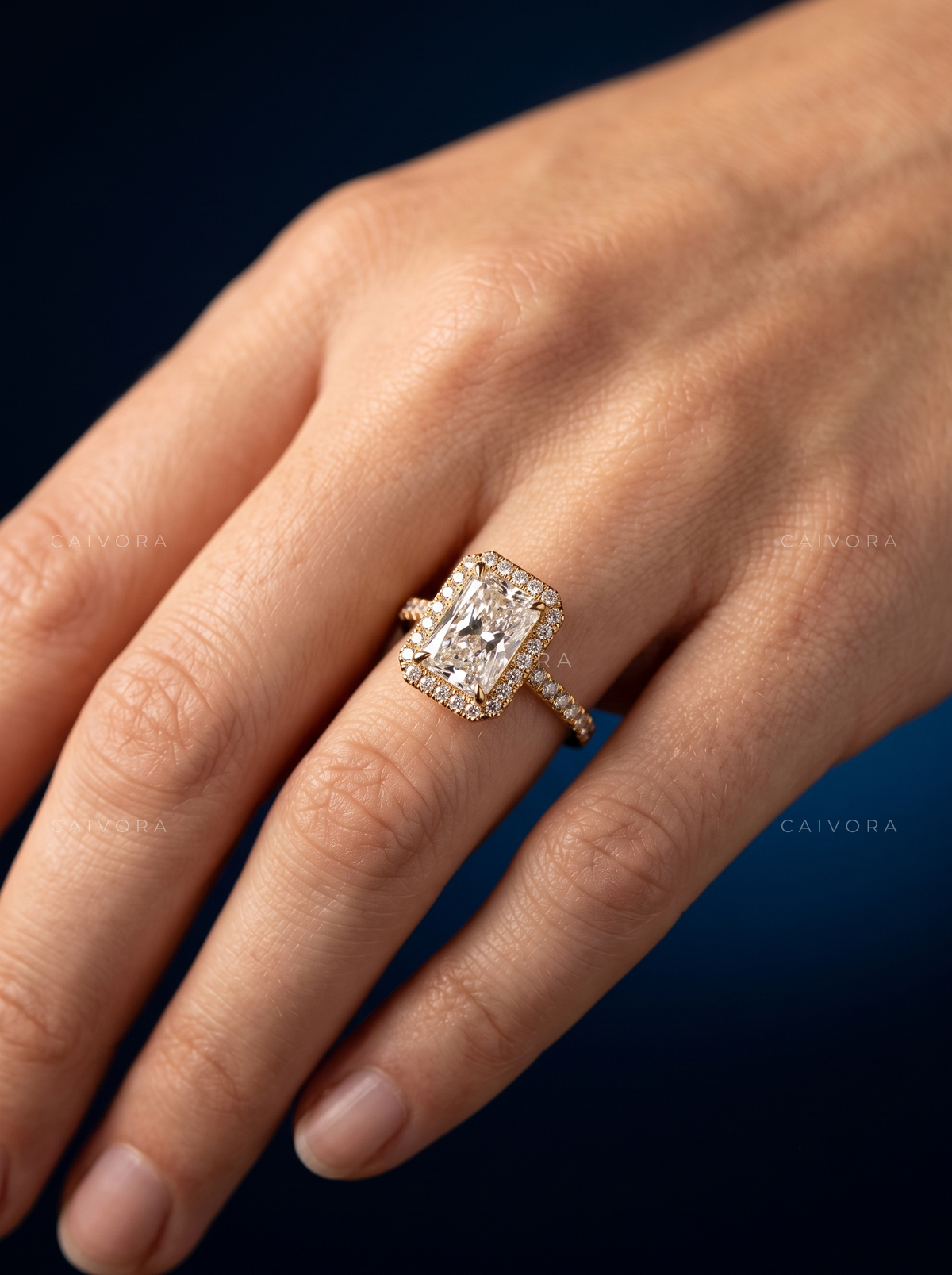 Modern Halo Engagement Ring with Radiant Diamond & Pavé Accents