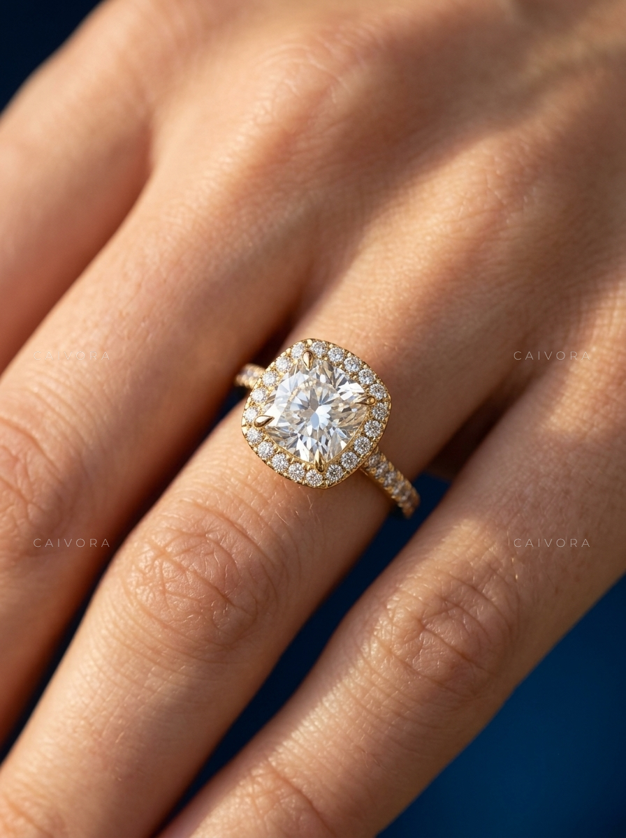 Timeless Halo Engagement Ring with Cushion Diamond & Pavé Accents