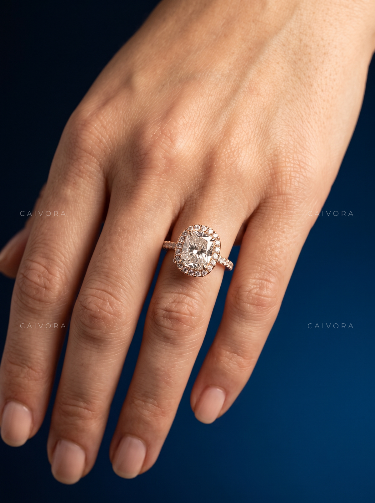 Elegant Halo Engagement Ring with Elongated Cushion Diamond & Pavé Accents
