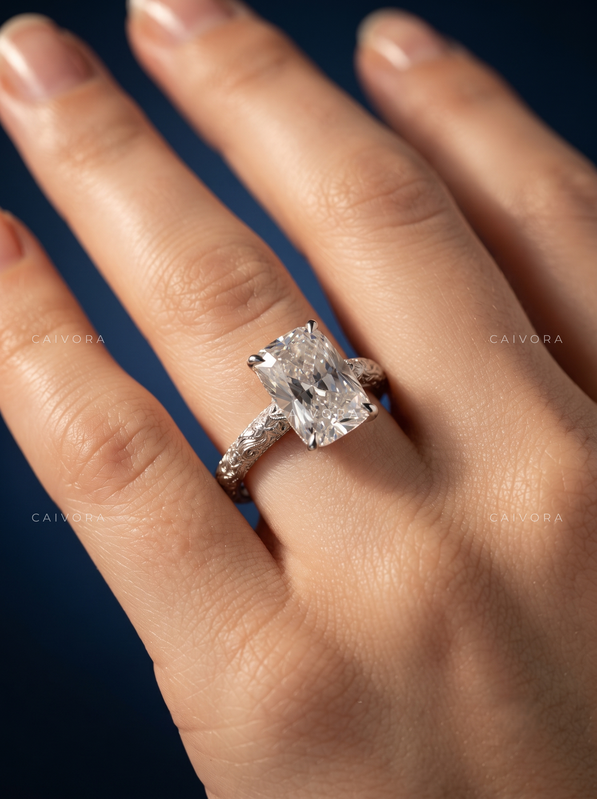 Elongated Cushion Cut Floral Solitaire Engagement Ring