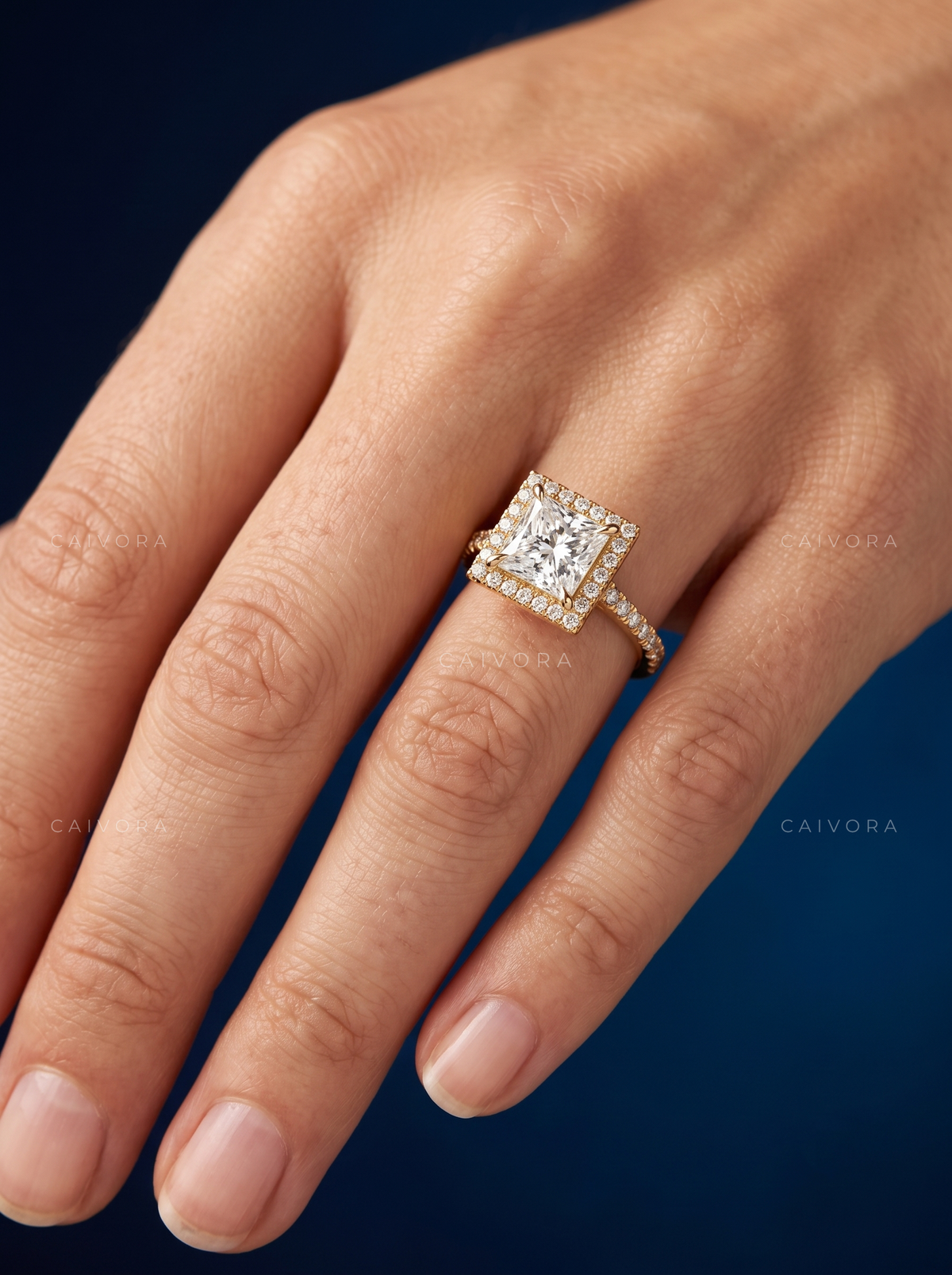 Modern Halo Engagement Ring with Princess Diamond & Pavé Accents