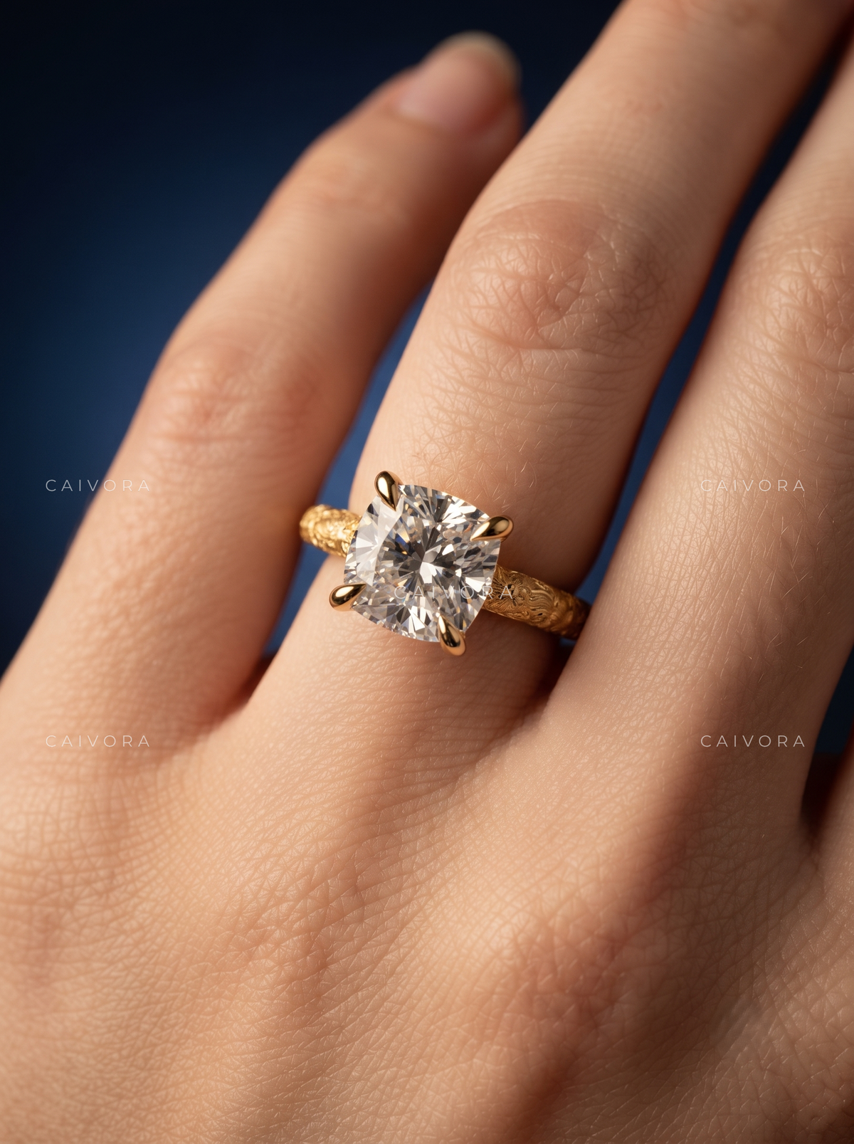 Cushion Cut Floral Motif Solitaire Engagement Ring