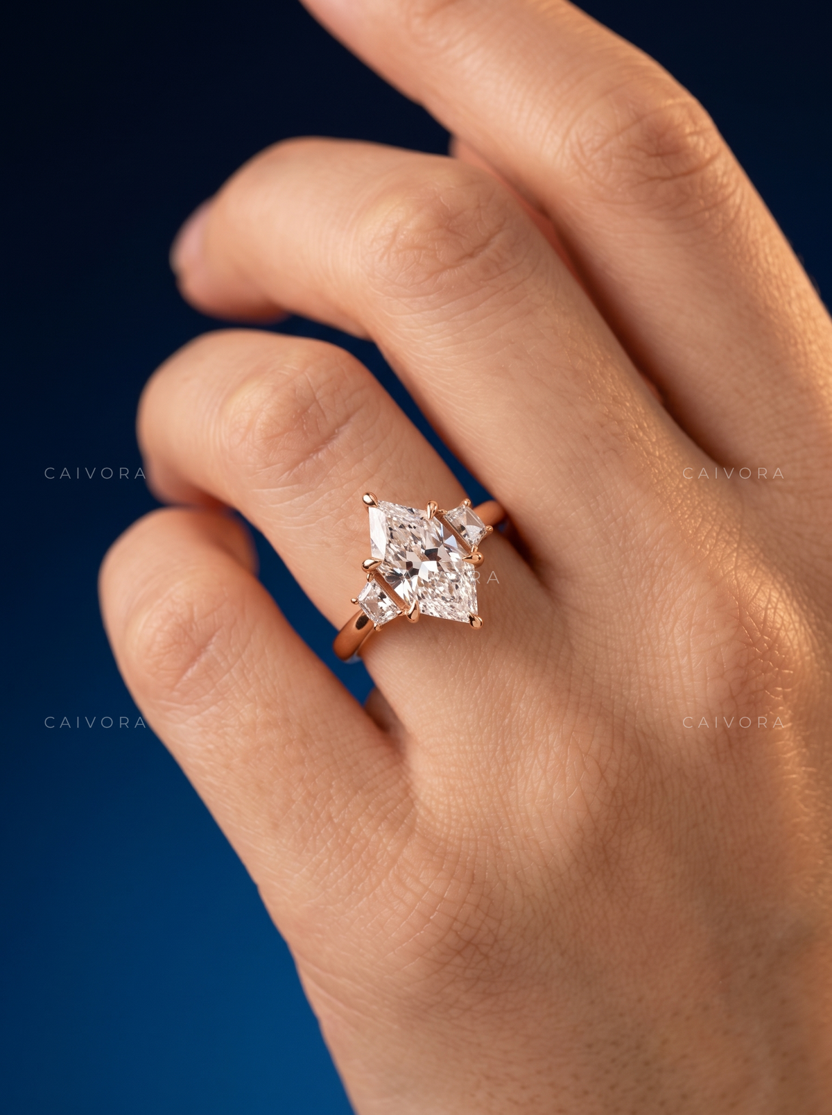 Refined Three Stone Engagement Ring with Dutch Marquise Center & Trapezoid Accents