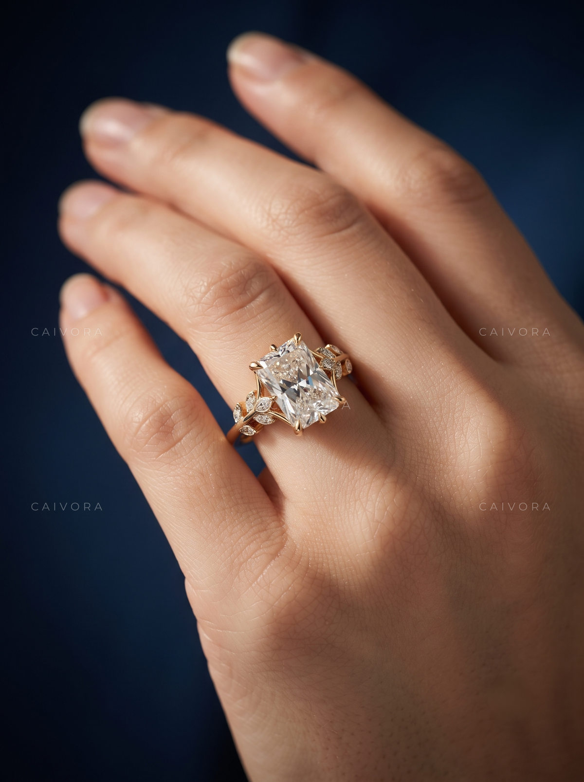 Radiant Cut Floral Engagement Ring with Marquise Accents