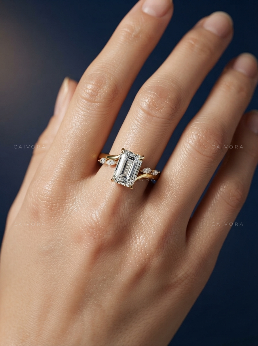 Emerald Cut Diamond Twist Ring with Hidden Halo