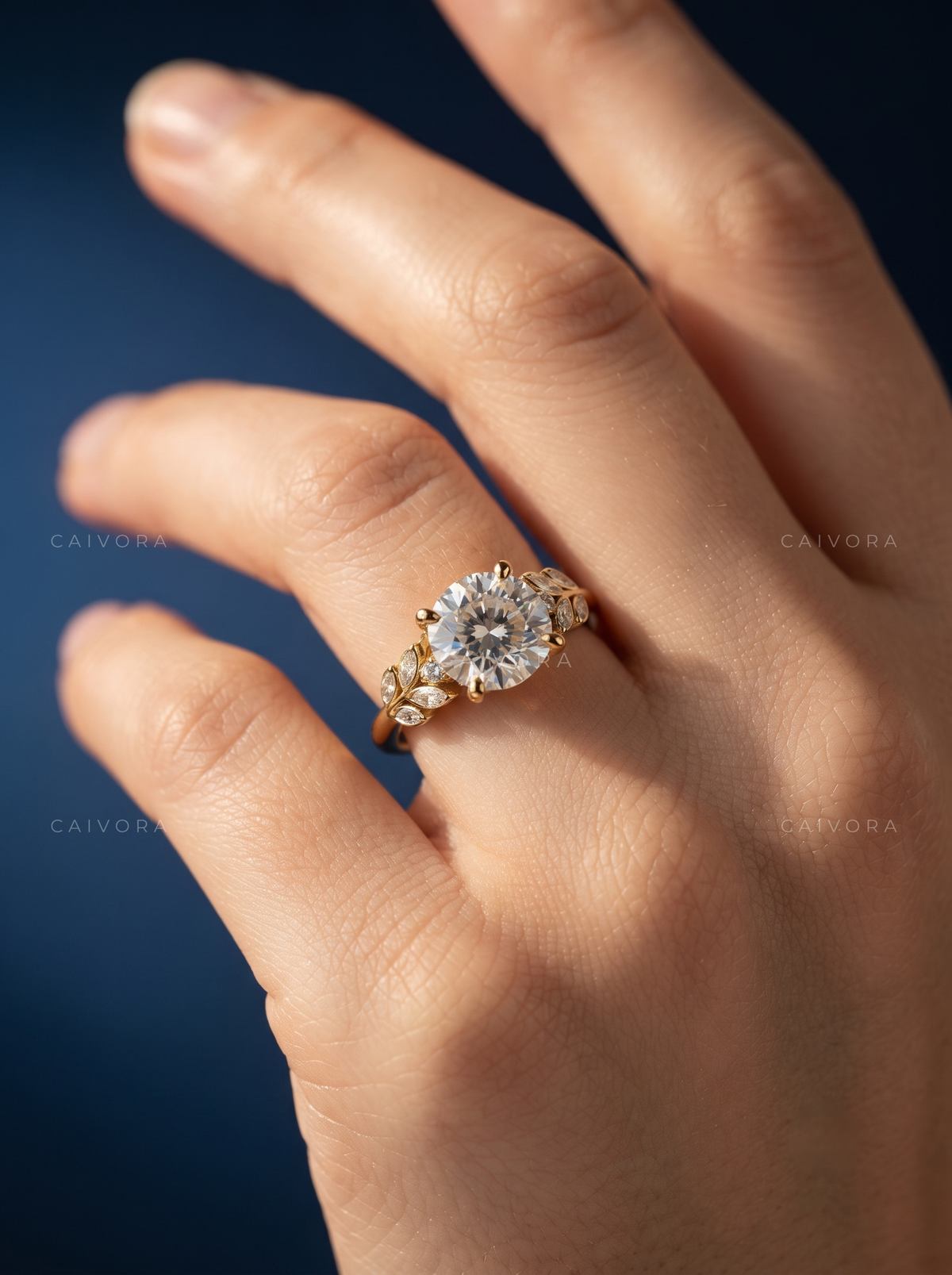 Round Diamond Floral Engagement Ring with Marquise Accents