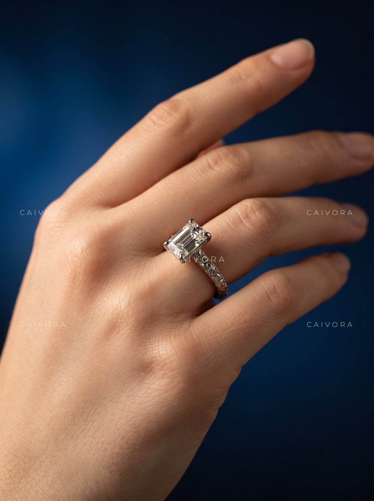 Emerald Cut Floral Engraved Solitaire Engagement Ring