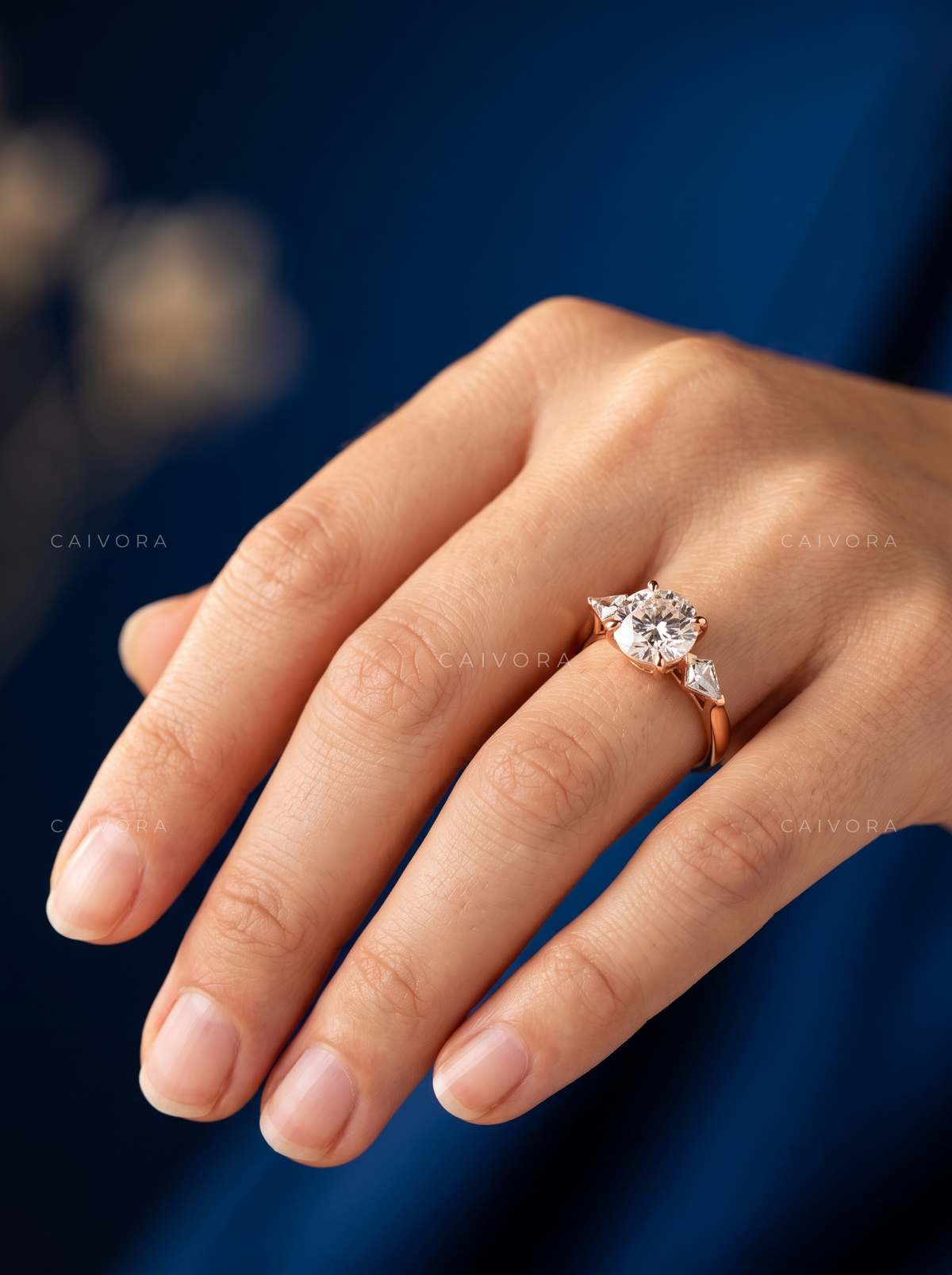Classic Three Stone Engagement Ring with Round Center & Kite Accents