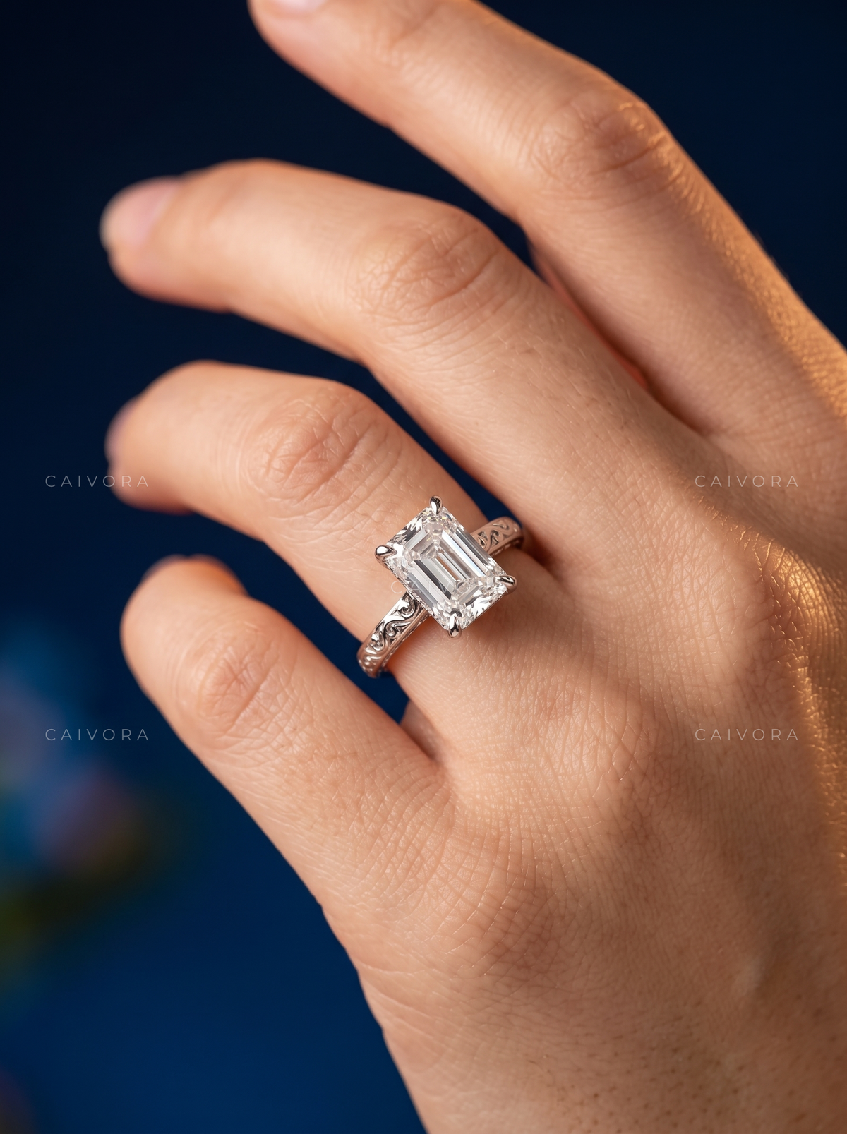 Radiant Cut Diamond Architectural Engagement Ring with Round Accents