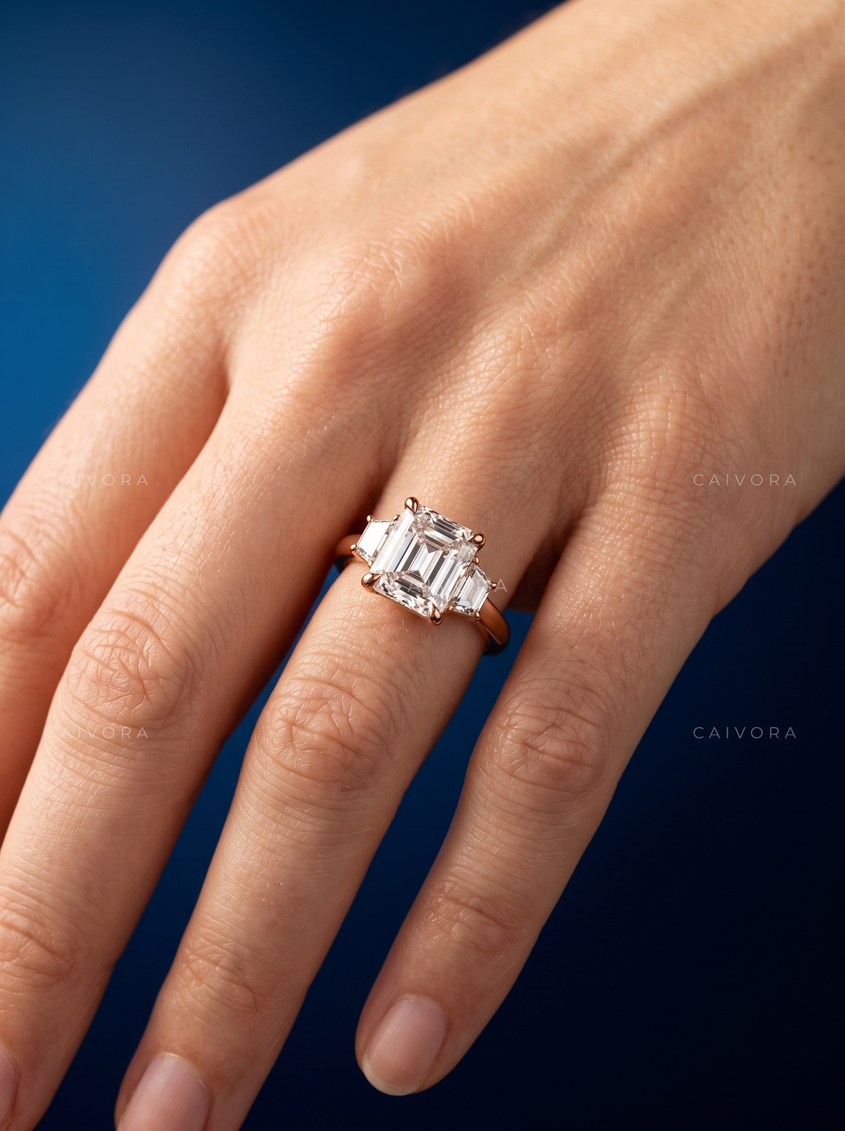 Vintage Inspired Three Stone Engagement Ring with Asscher Diamond & Trapezoid Accents