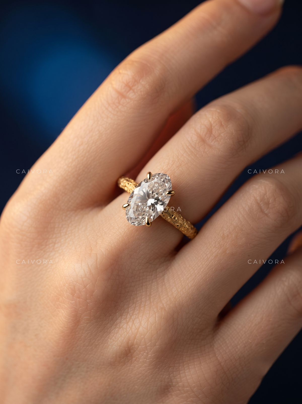 Moval Cut Artisanal Floral Solitaire Engagement Ring