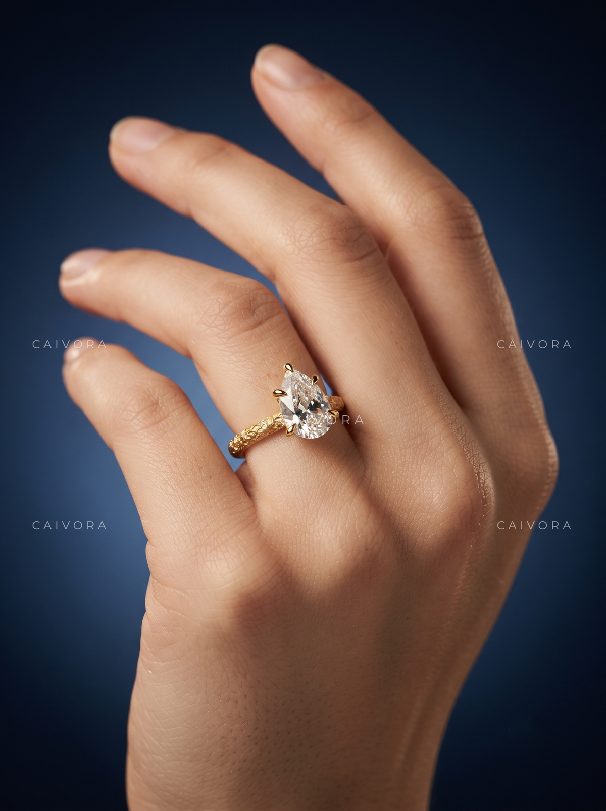 Pear Cut Vintage Floral Engraved Solitaire Engagement Ring