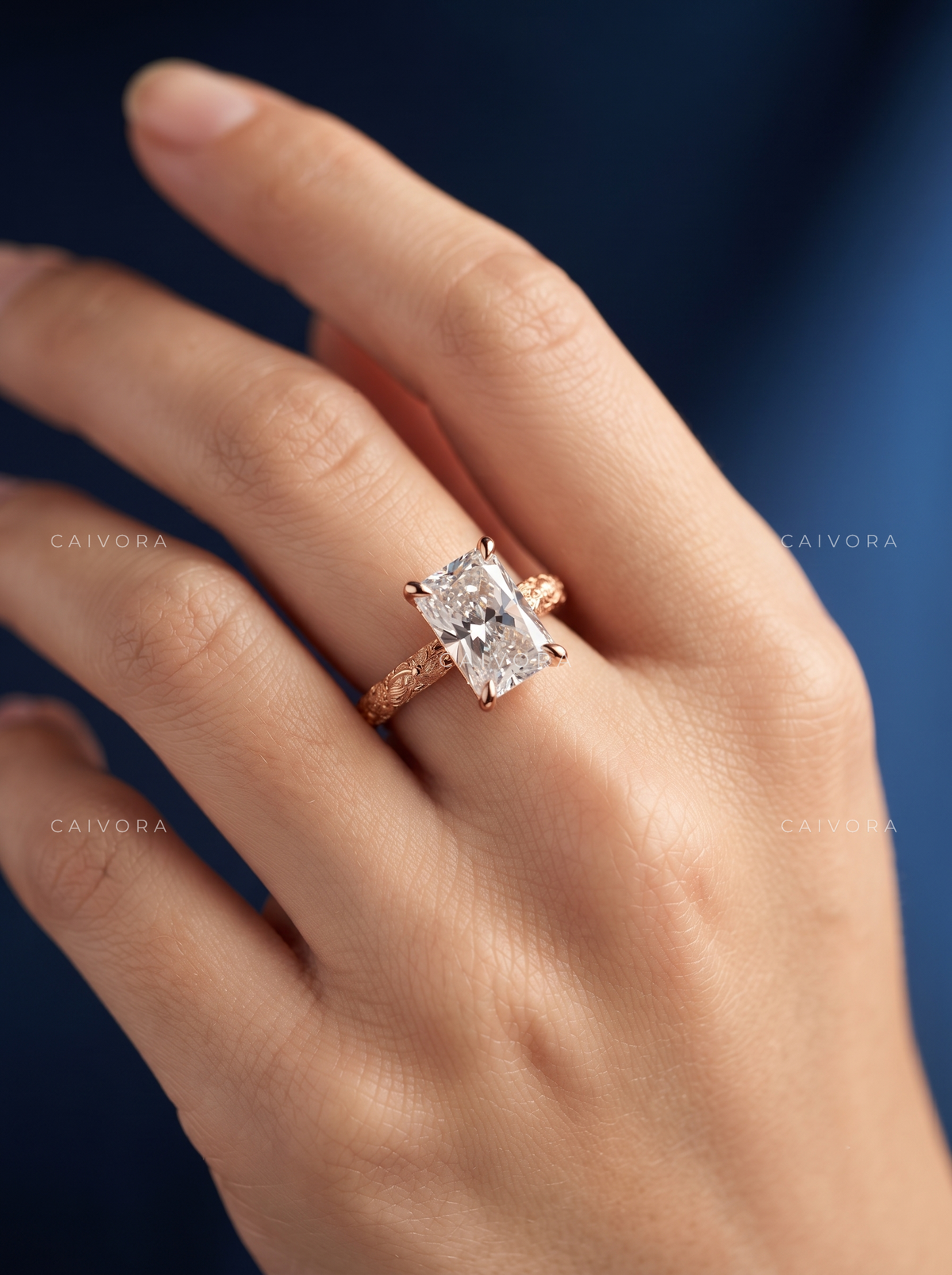 Radiant Cut Engraved Floral Solitaire Engagement Ring