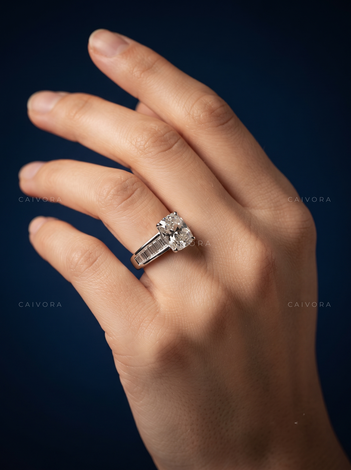 Cushion Cut Channel Setting Engagement Ring with Baguette Accents