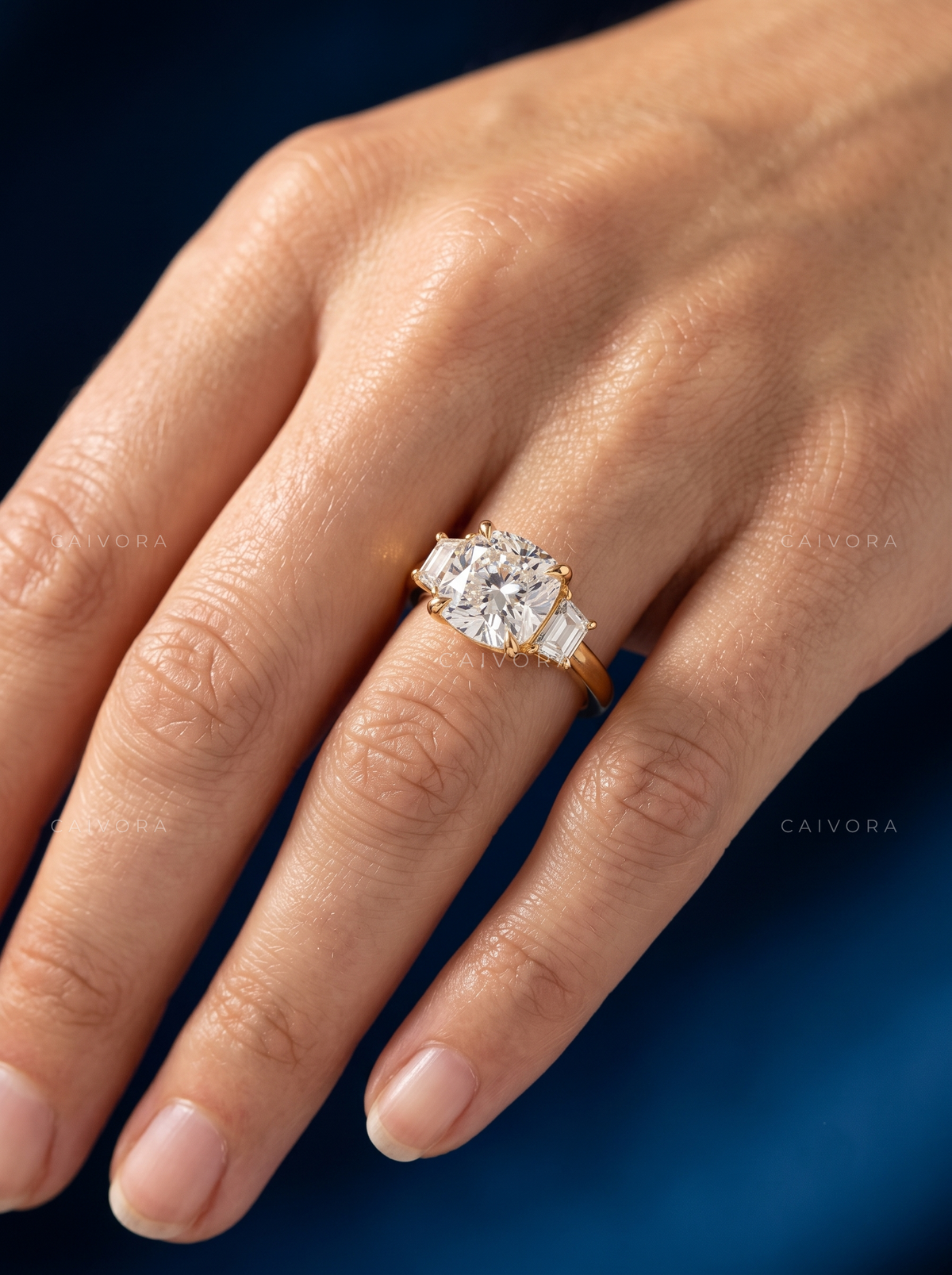 Timeless Three Stone Engagement Ring with Cushion Diamond & Trapezoid Accents
