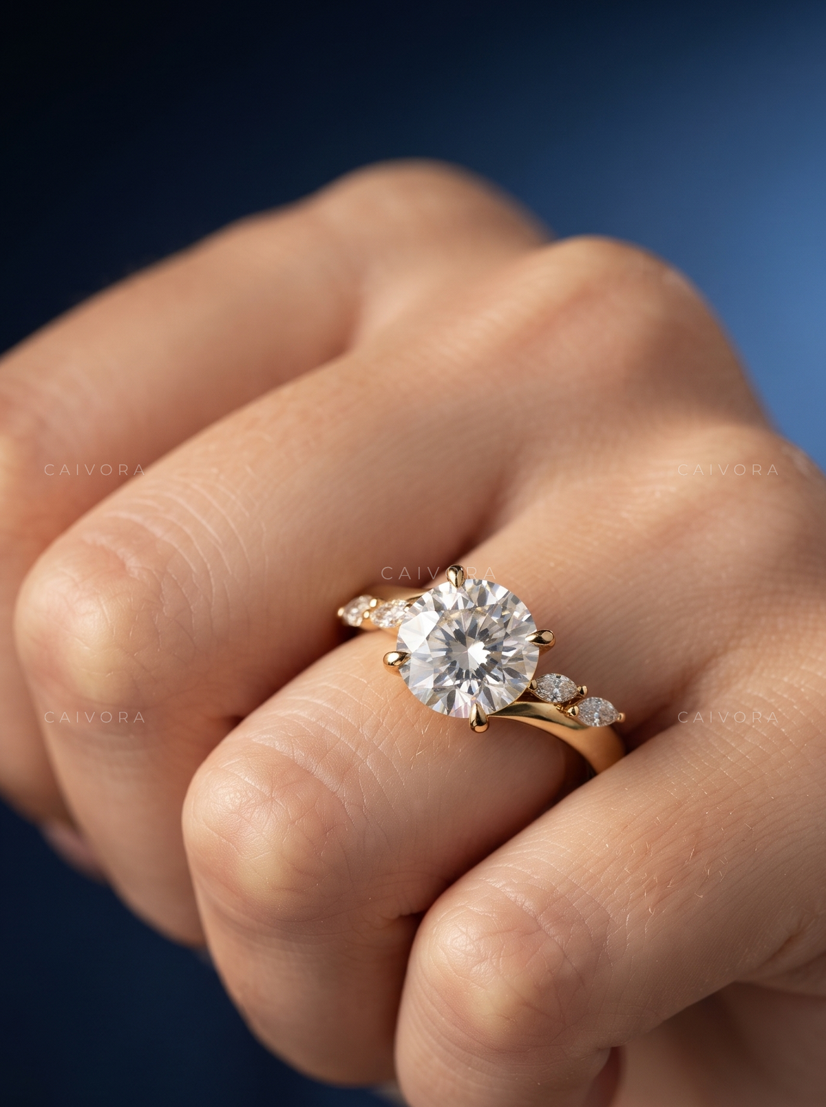 Round Cut Diamond Twist Engagement Ring with Hidden Halo