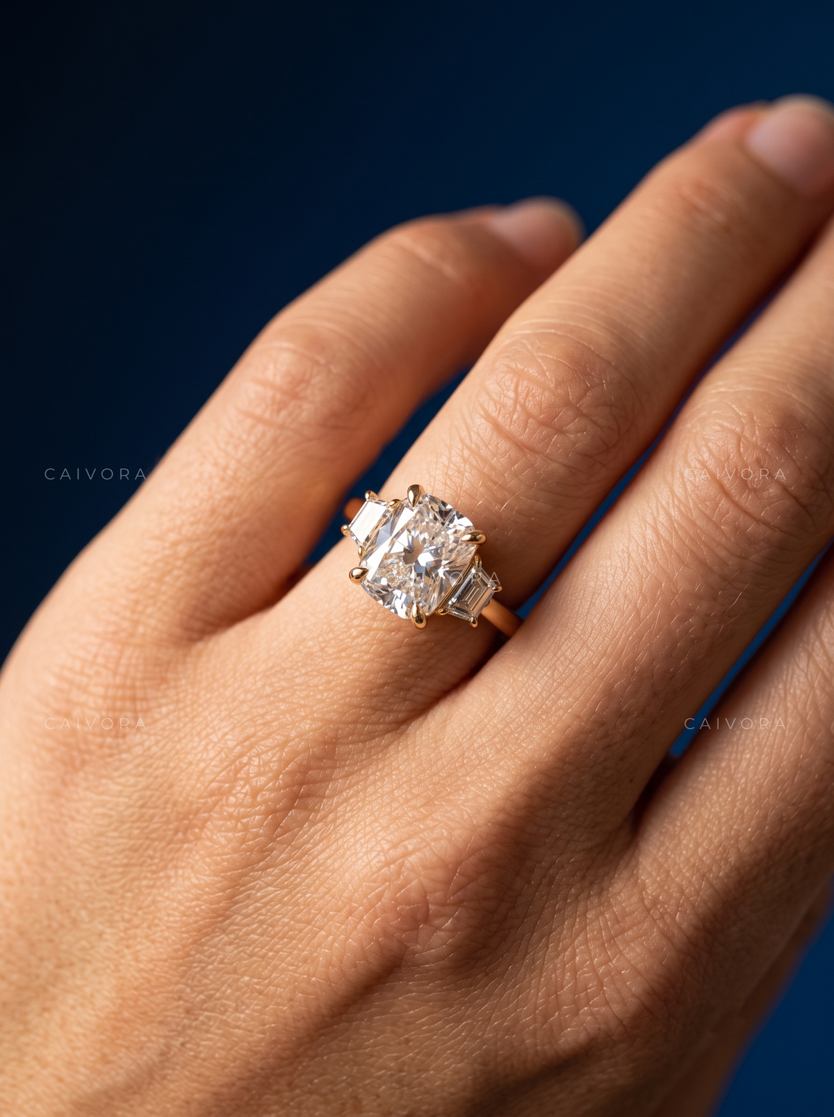 Elegant Three Stone Engagement Ring with Elongated Cushion Diamond & Trapezoid Accents