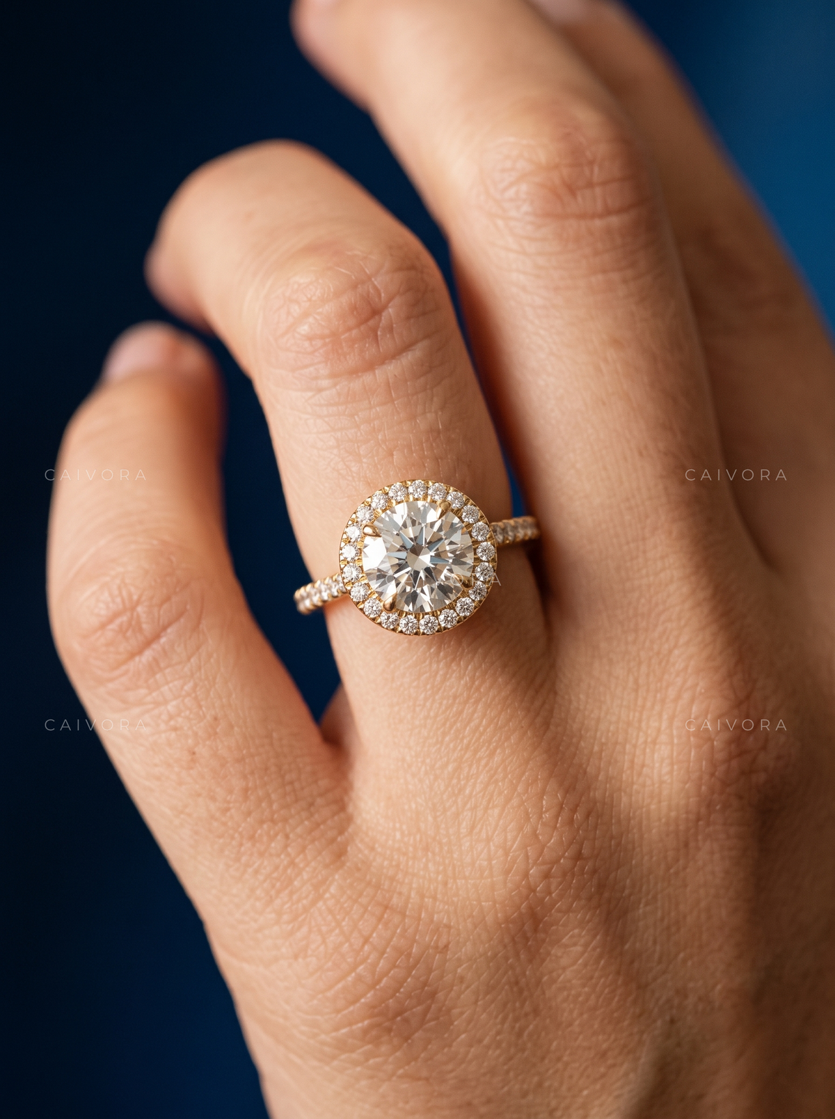 Classic Halo Engagement Ring with Round Diamond & Pavé Accents