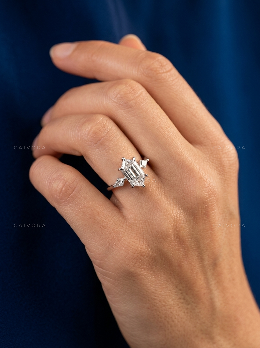 Contemporary Three Stone Engagement Ring with Hexagon Diamond & Kite Accents