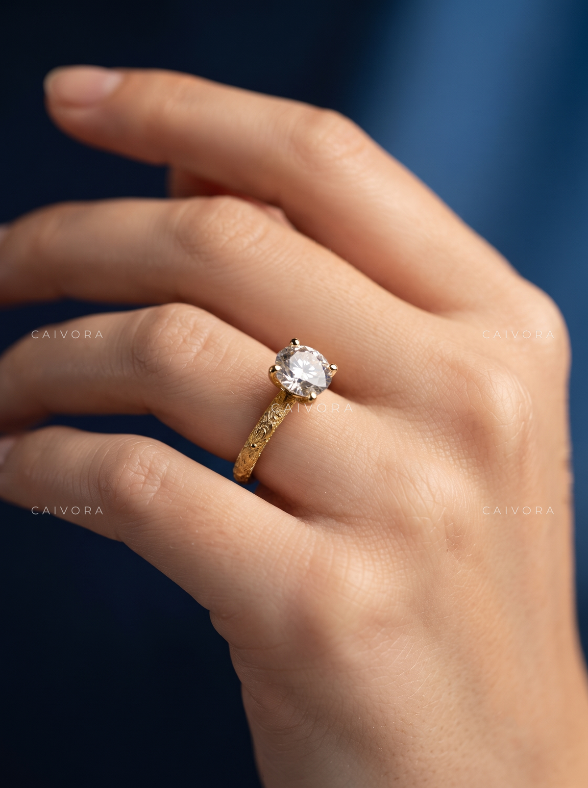 Portuguese Cut Vintage Engraved Solitaire Engagement Ring