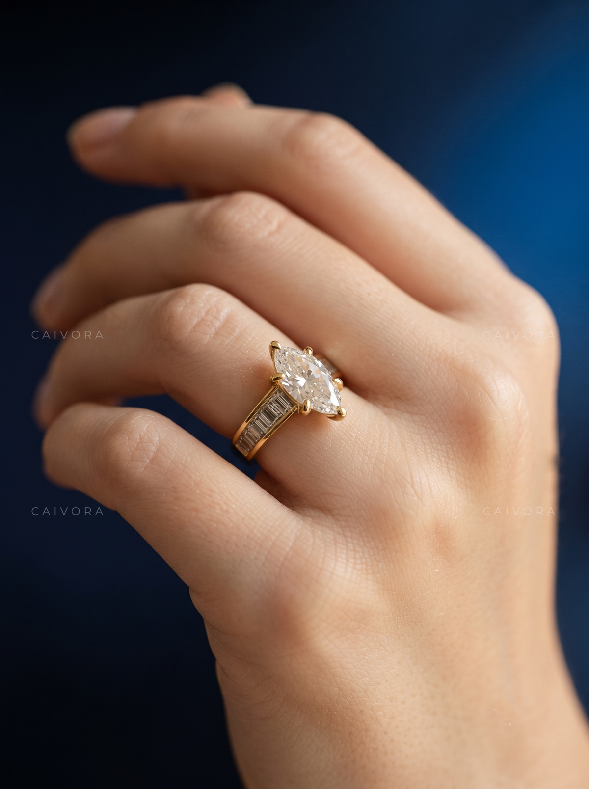 Marquise Diamond Channel Setting Engagement Ring with Baguette Accents